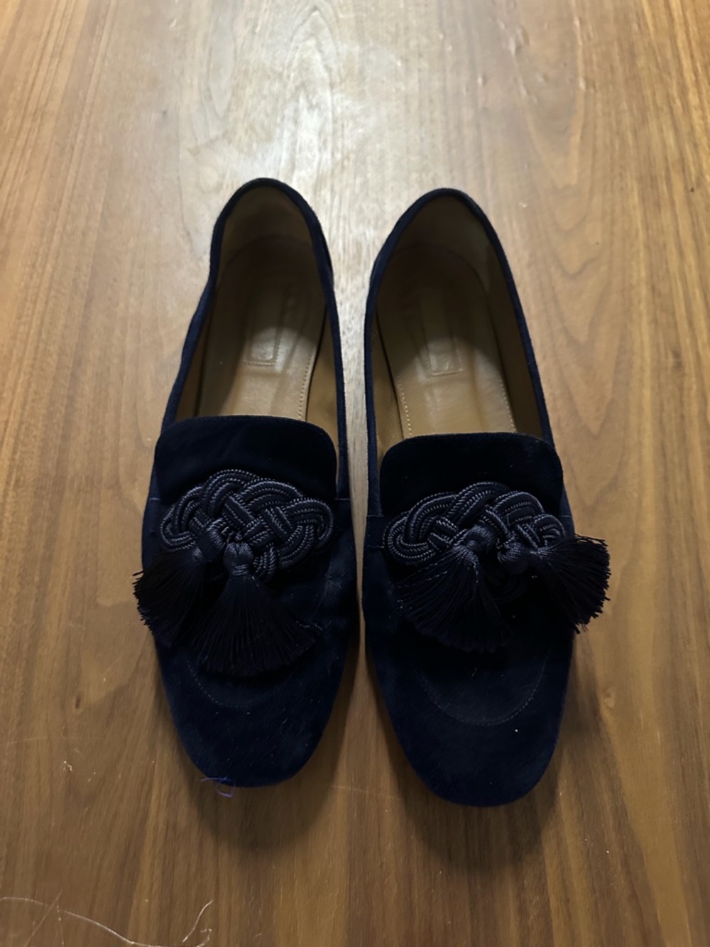 Aquazzura Navy Velvet Tassel Loafers